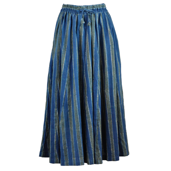 エスニック・ロングスカート　天然染料で手押し木版によって染められた生地を使用したマキシ丈のスカート
